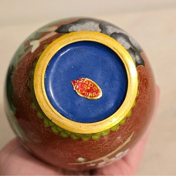 Vintage Antique Chinese Cloisonne Enamel on Brass Red Vase Bird and Flowers - Picture 7 of 8